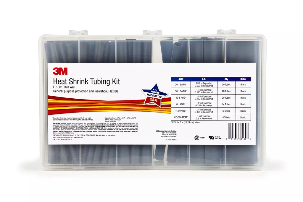 3M FP301-BLACK Heat Shrink Tubing, Assortment Pack, 3/16" to 1", Black