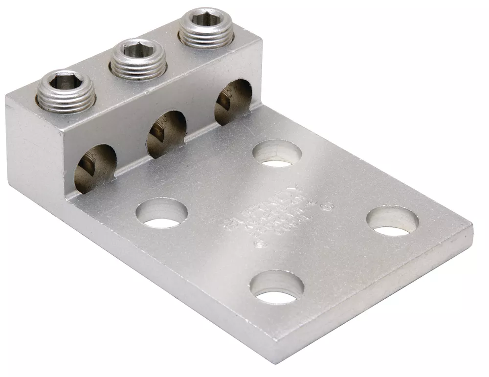 Burndy K3A31U4N Aluminum Universal Terminal, 3 Conductor, 4 Hole, 6 AWG (Str)-350 kcmil, 1/2" Stud, 175" Stud Hole Spacing, 3 Screws, Al/Cu Rated, Tin Plated